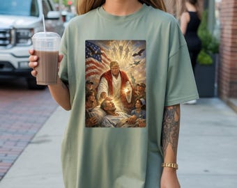 Trump Jesus Humor Shirt, Leader Healing Scene With American Flag Angels And Soldiers Tee, Trump Jesus Meme Shirt, Funny USA Patriotic Shirt