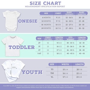 May include: A size chart measurement specification report for baby, toddler, and youth apparel. It displays white onesies and t-shirts alongside tables listing chest, weight, length, and width measurements in inches and pounds for various sizes.