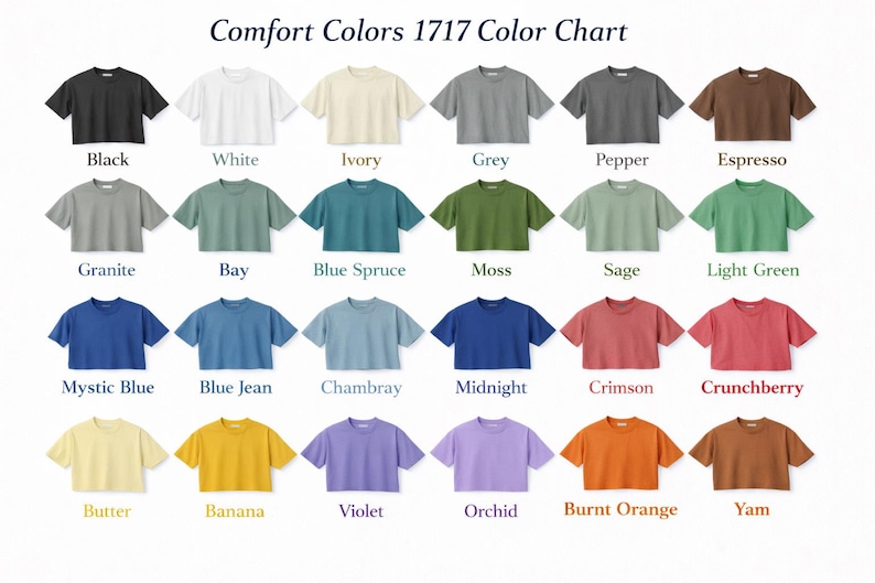 May include: A colour chart of Comfort Colors 1717 t-shirts, showcasing a spectrum of shades such as black, white, and blue. The chart presents a variety of hues, from muted tones to bright colours, with each shirt labelled.