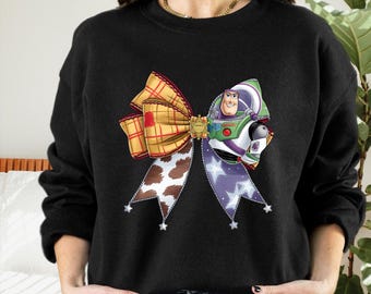 Buzz Lightyear Coquette T-Shirt,Toy Story Pixar Disney Tee,Disney Trip Shirts,Cute Western Space Sweatshirt, Cartoon Bow Graphic Hoodie