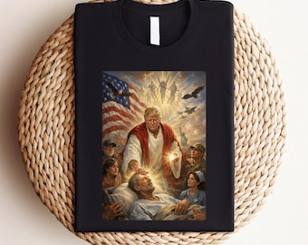 Trump Jesus Humor Shirt, Leader Healing Scene With American Flag Angels And Soldiers Tee, Trump Jesus Meme Shirt, Funny USA Patriotic Shirt