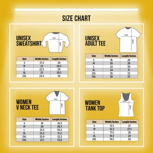 May include: A size chart for various apparel items, including unisex sweatshirts and adult tees, and women's V-neck tees and tank tops. The chart displays sizes, widths, and lengths in inches for each garment type, with measurements ranging from S to 3XL.