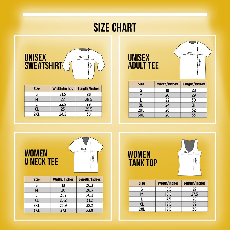 May include: A size chart for various apparel items, including unisex sweatshirts and adult tees, and women's V-neck tees and tank tops. The chart displays sizes, widths, and lengths in inches for each garment type, with measurements ranging from S to 3XL.