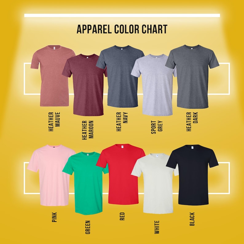 Pode incluir: Carta de cores de vestu&aacute;rio que mostra diferentes cores de t-shirts, incluindo malva mesclado, castanho mesclado, azul marinho mesclado, cinzento desportivo, escuro mesclado, rosa, verde, vermelho, branco e preto.