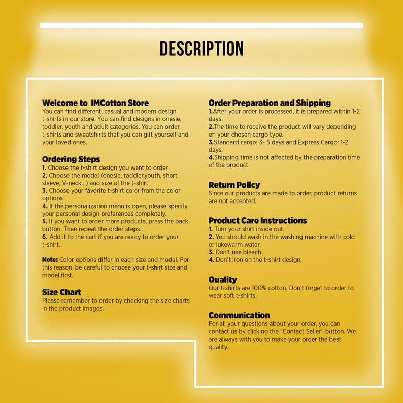 May include: A white background with black text detailing t-shirt ordering steps, care instructions, and store information. The text includes details on choosing designs, models, and colors, as well as return and shipping policies.