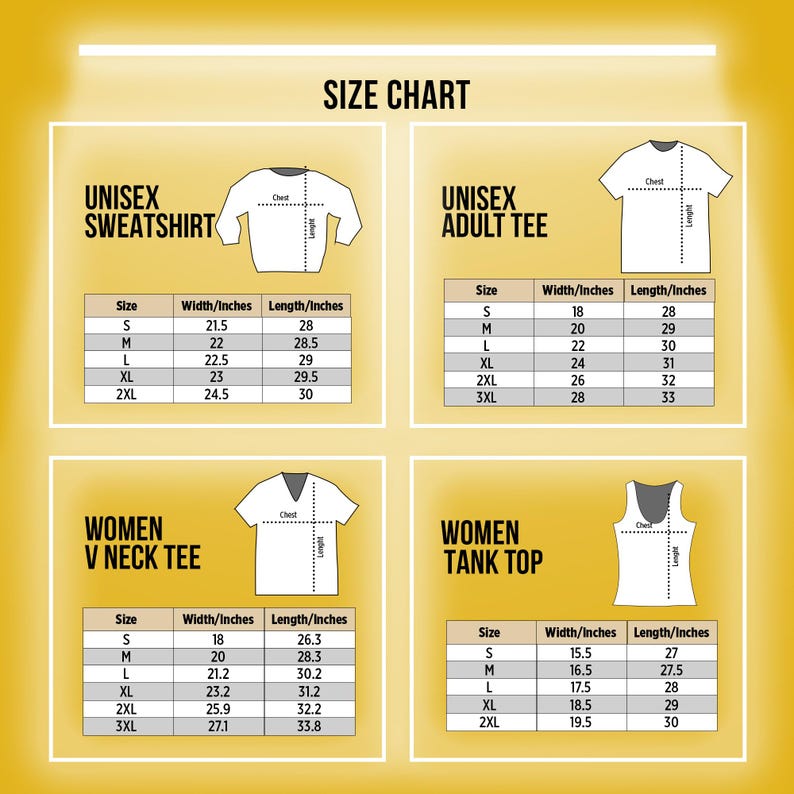 Pode incluir: Tabela de tamanhos para sweatshirts unissex, t-shirts para adultos, t-shirts de gola em V para mulheres e tops de tanque. A tabela mostra a largura e o comprimento em polegadas para cada tamanho, do P ao 3XL.