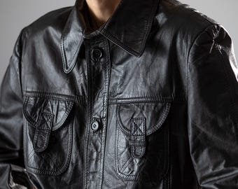 Vintage Black Leather Jacket Oversize Unisex Retro 80s 90s Soft Leather Button Front Jacket Spring Autumn Coat Size L XL