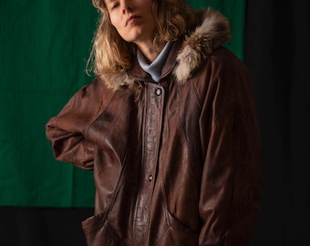 Giacca in pelle vintage FABIANI con fodera/giacca casual retrò marrone con cappuccio/giacca in pelle oversize primaverile e autunnale/taglia L