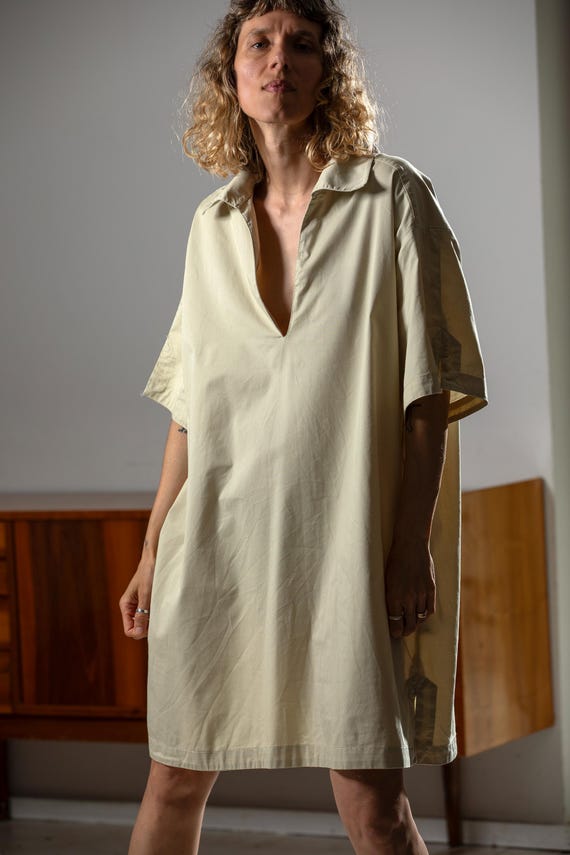 Vintage Cotton Shift Dress Made in Denmark / Minimalist Beige Summer Dress / Oversized Casual Dress / Size L