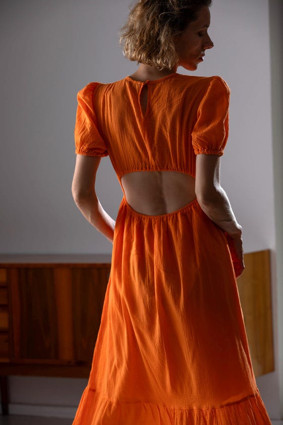 Vintage Cotton Summer Dress/90s Maxi Dress/orange Casual Dress/size  S/oversize