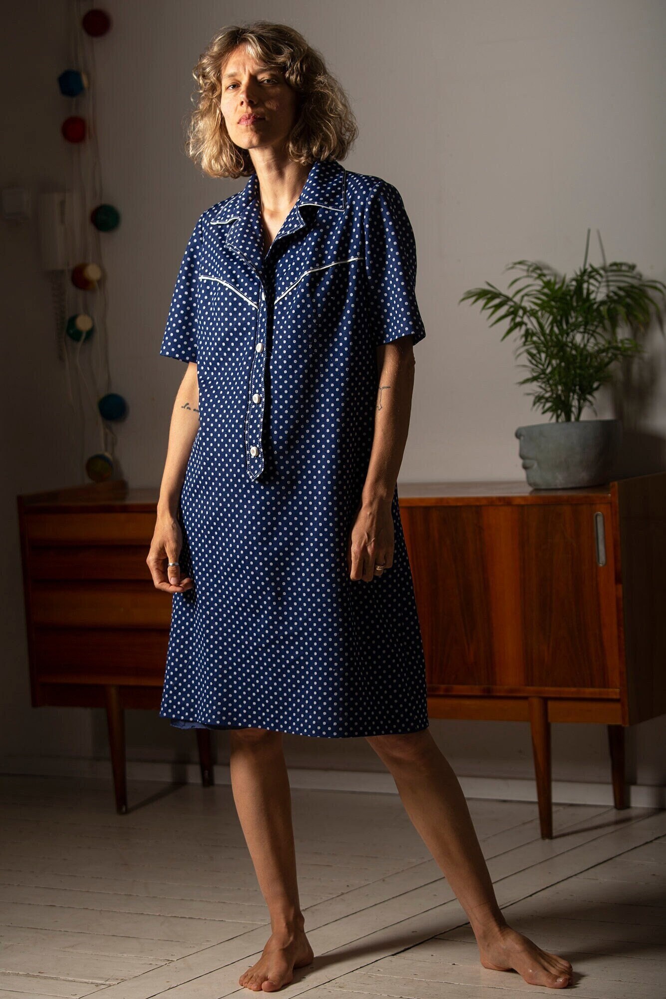 Vintage navy blue polka dot dress/vintage dress/casual dress with short sleeves/size 44/oversize