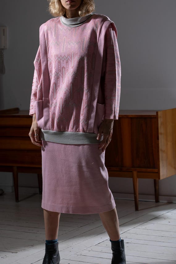 Vintage Pink Midi Dress Oversize 80s 90s Textured Dress Minimalist Loose Fit Dress Shoulder Pad Dress Casual L