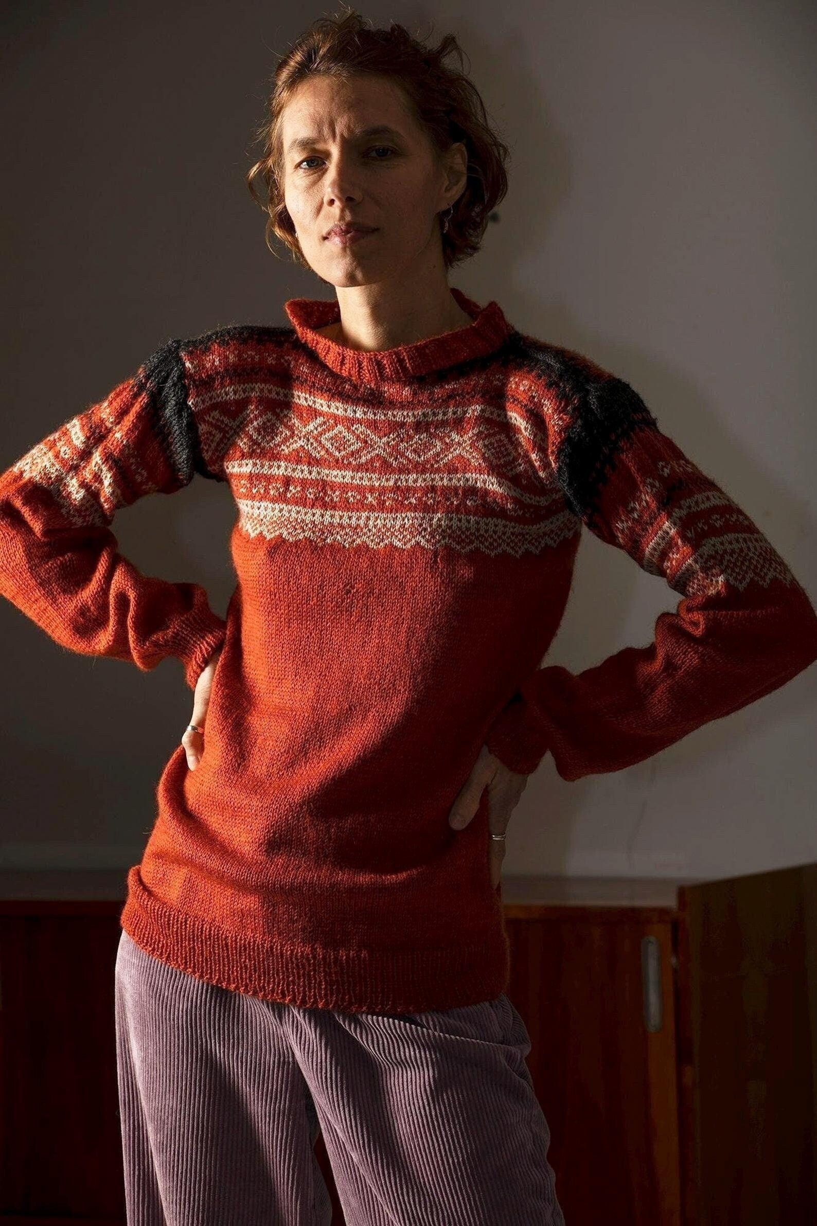 Handmade Vintage Orange Sweater/ Norway Wool Sweater/ Retro 80s