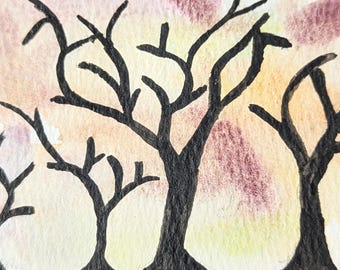 Tree Silhouette Miniature Painting on Archival Board | Original ACEO Watercolor and India Ink Art