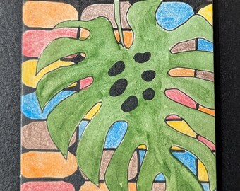 ACEO Monstera Leaf original watercolor and colored pencil painting artist trading card whimsical charming home decor 2.5 * 3.5 Signed