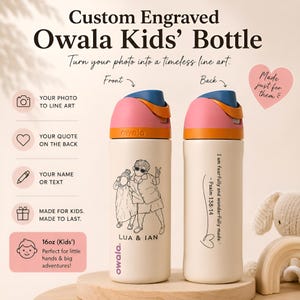 Personalized Owala 16 Oz Kids Water Bottle | Custom Line Drawing from Photo | Engraved Kids Bottle | Custom Name & Quote | Gift for Kids | image 1