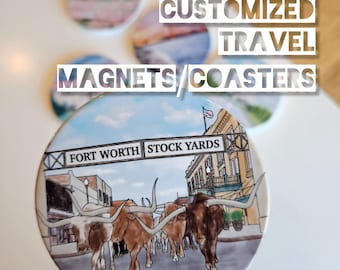 Texas Watercolor Souvenir Coasters/Magnets – Fort Worth Stockyard, Cowboy, Rodeo. Perfect for Travel Gifts