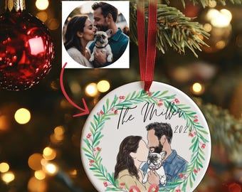 Custom Watercolor Portrait My Christmas Ornament from Photograph.  Personalized illustration holiday gift for Couples & Family