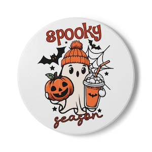 Halloween Coaster – “Spooky Season” Ghost | Pumpkin Ceramic Coaster | Fall Coffee Table Décor | Halloween Party Gift