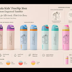 Personalized Owala 16 Oz Kids Water Bottle | Custom Line Drawing from Photo | Engraved Kids Bottle | Custom Name & Quote | Gift for Kids | image 3