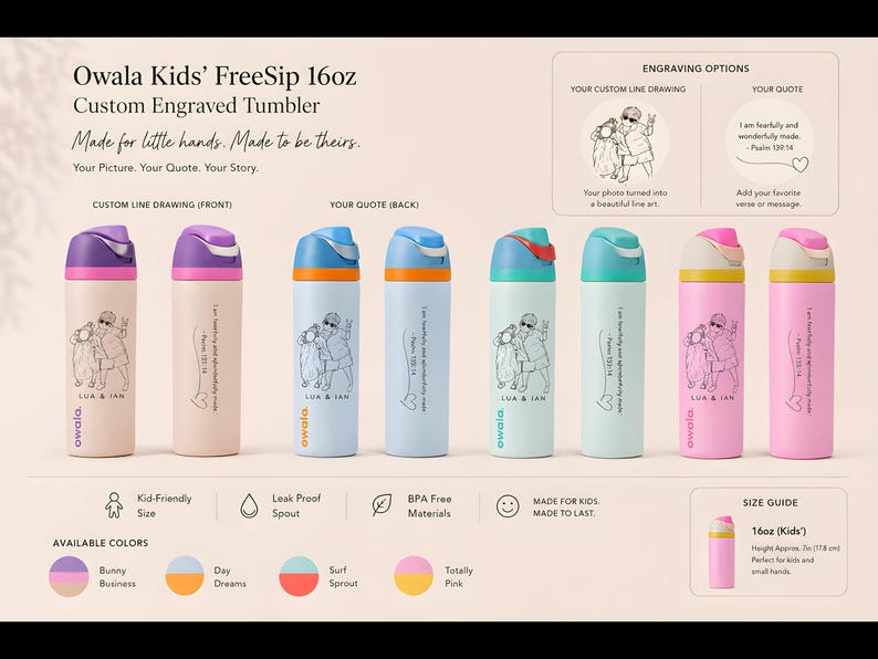 Personalized Owala 16 Oz Kids Water Bottle | Custom Line Drawing from Photo | Engraved Kids Bottle | Custom Name & Quote | Gift for Kids | image 3