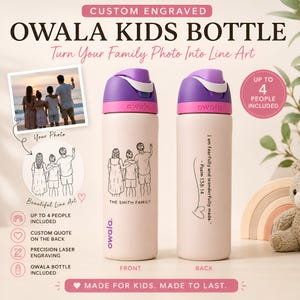 Personalized Owala 16 Oz Kids Water Bottle | Custom Line Drawing from Photo | Engraved Kids Bottle | Custom Name & Quote | Gift for Kids | image 2
