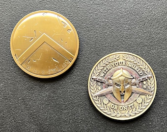 Spartan Warrior 3D Challenge Coin Antique Bronze | “With It or On It” Greek Shield & Helmet | 300 Spartan Military Morale Gift | Molon Labe