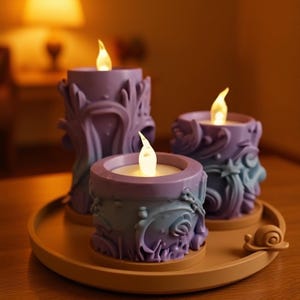 3D Printed LED Tea Lights with Wood-Like Base - Set of 3