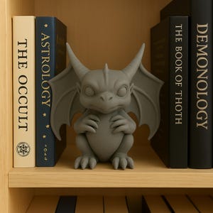Puede incluir: Una figura de gárgola gris con grandes alas y cuernos está colocada en una estantería de madera. La figura se encuentra entre libros con títulos como "The Occult", "Astrology" y "Demonology".
