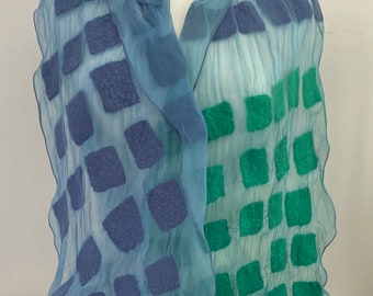 Blue green nuno felted silk wool scarf