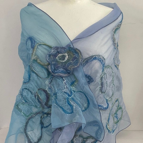 Blue silk wool nuno felted scarf with brooch