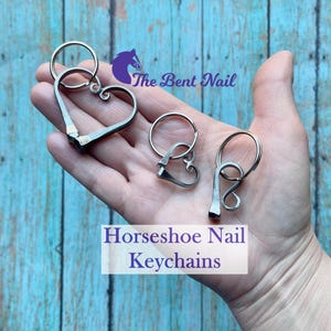 May include: Three silver-toned metal keychains crafted from bent horseshoe nails. One keychain features a heart shape, while the other two are smaller, abstract looped designs. Each piece includes a circular split ring for attachment.