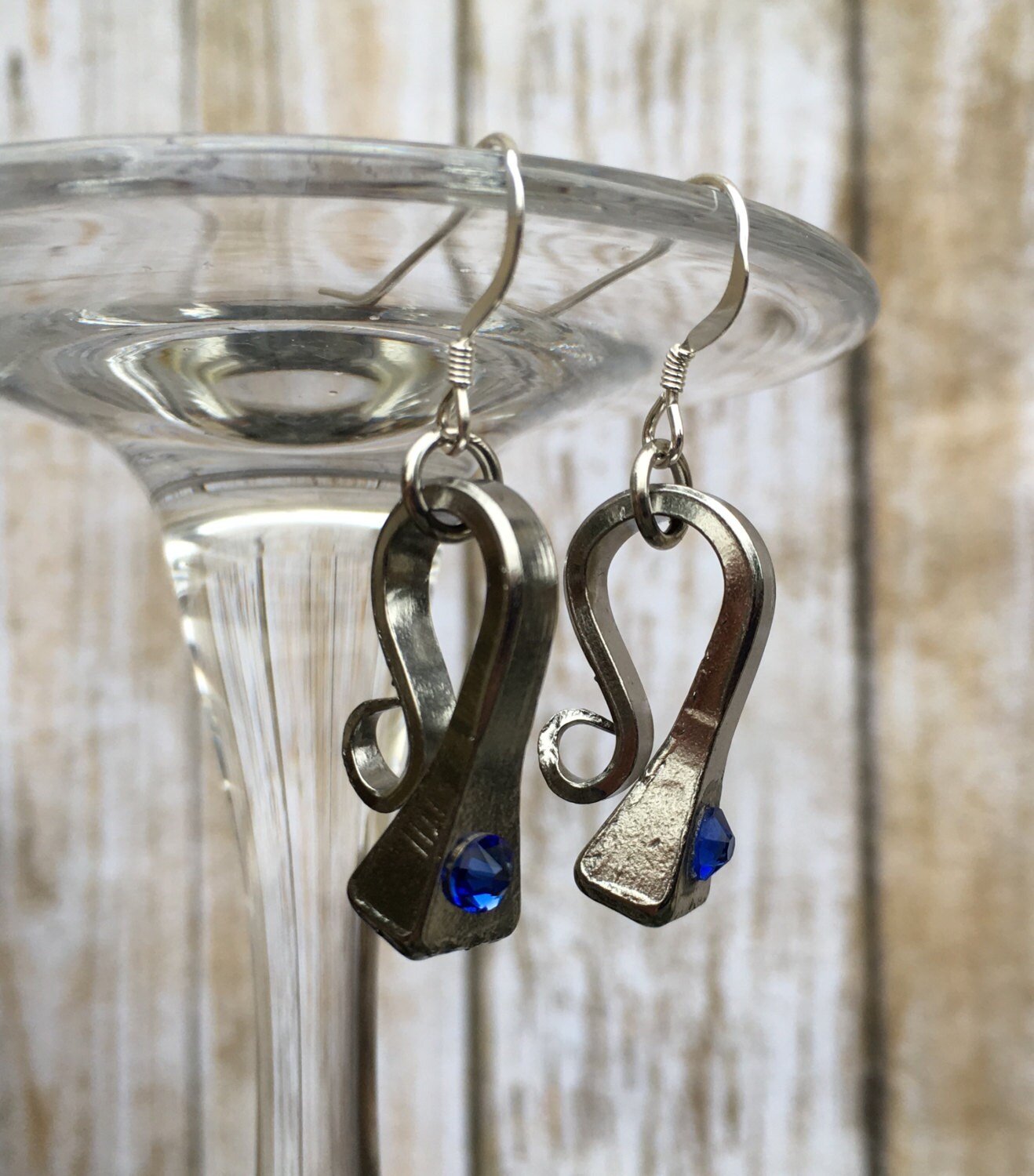 Horseshoe Nail Earrings with Sapphire Swarovski Crystal on Etsy