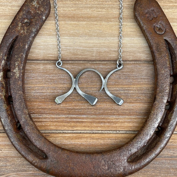 Triple Moon Goddess Horseshoe Nail Necklace