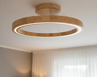 Round Wooden LED Ceiling Light – Flush Mount for Bedroom, Dining and Living Room Lighting