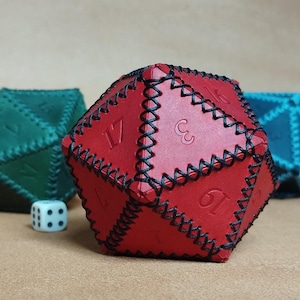 Handmade Red Leather D20 Dice Bag: DnD Dice Pouch