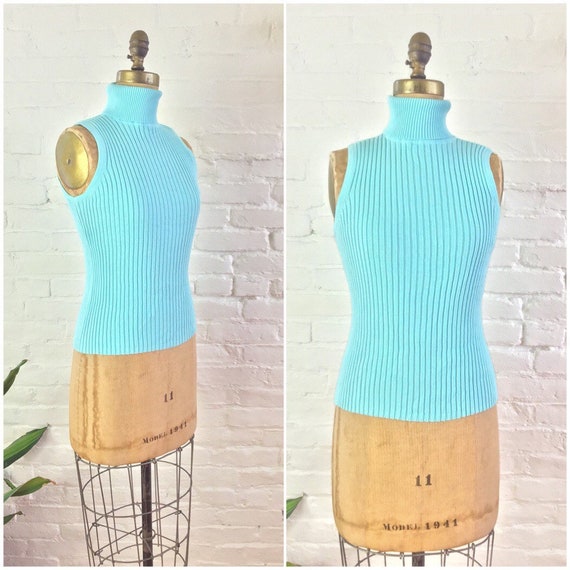 90s y2k minimalist aqua blue ribbed knit cotton sl
