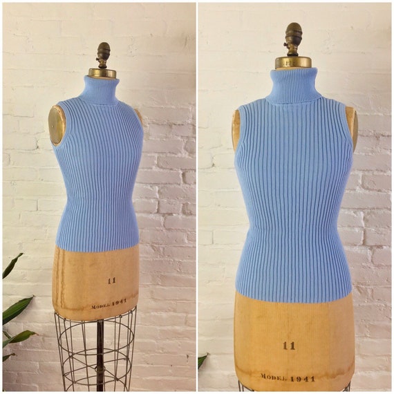 90s y2k minimalist blue ribbed knit cotton sleevel