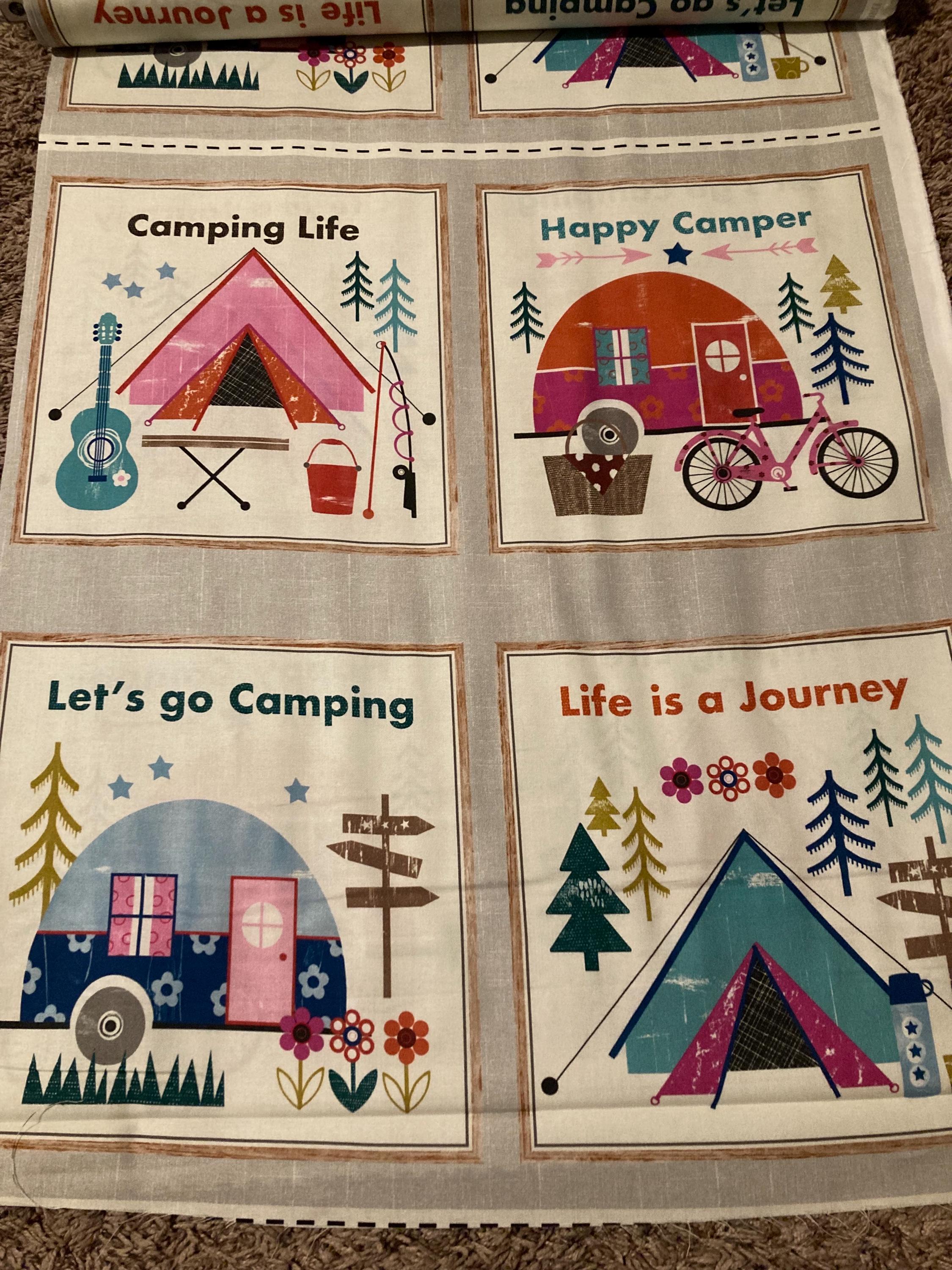 Meterware Baumwollstoff Camping Motiv Happy Camper Jersey Stoff