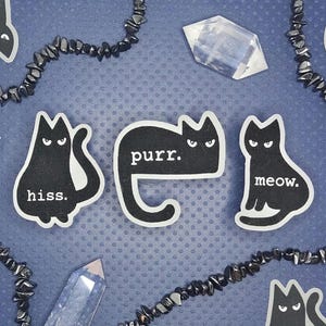 Può includere: Quattro adesivi di gatto nero con diverse espressioni e testo. Gli adesivi dicono "miao", "purr", "frrr", e "miao".