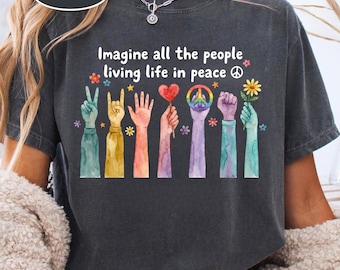Camiseta "Imagina la Paz" / "Imagina a todas las personas viviendo en paz" / Camiseta con margaritas y el símbolo de la paz / Camiseta con estampado hippie bohemio