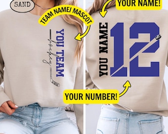 Custom Hockey Sweatshirt, Personalized Hockey Mom Shirt, Game Day Hockey Hoodie, Name and Number Hockey Sweatshirts, Hockey Dad Shirts