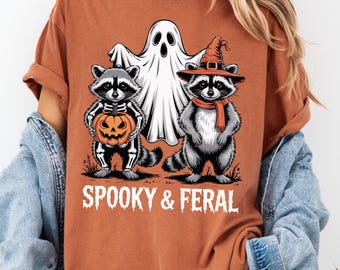 Spooky And Feral Raccoon Halloween Shirt, Funny Witch Animal, Cute Creepy For Fall, Halloween Animal, Raccoon Halloween, Spooky Season Shirt