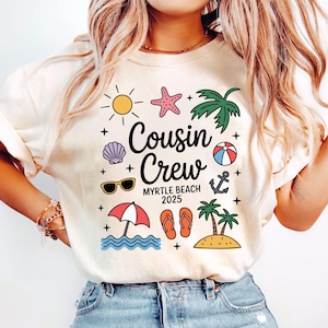 Personalized Cousin Beach Vacation Graphic Tee, Cousin Crew Beach Doodles T-Shirt with Custom Text, Retro Beach Trip Family Shirts