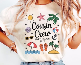 Personalized Cousin Beach Vacation Graphic Tee, Cousin Crew Beach Doodles T-Shirt with Custom Text, Retro Beach Trip Family Shirts