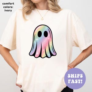 Shimmering Ghost Shirt, Iridescent Ghost Tee, Pastel Halloween T-Shirt, Comfort Colors Glittery Spooky Season Tee