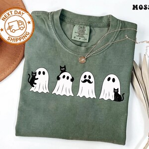 Halloween Black Cat & Ghost Comfort Colors Shirt, Halloween Ghost Tshirt, Spooky Season Cat Tee, Halloween Cute Women Outfit, Halloween Gift