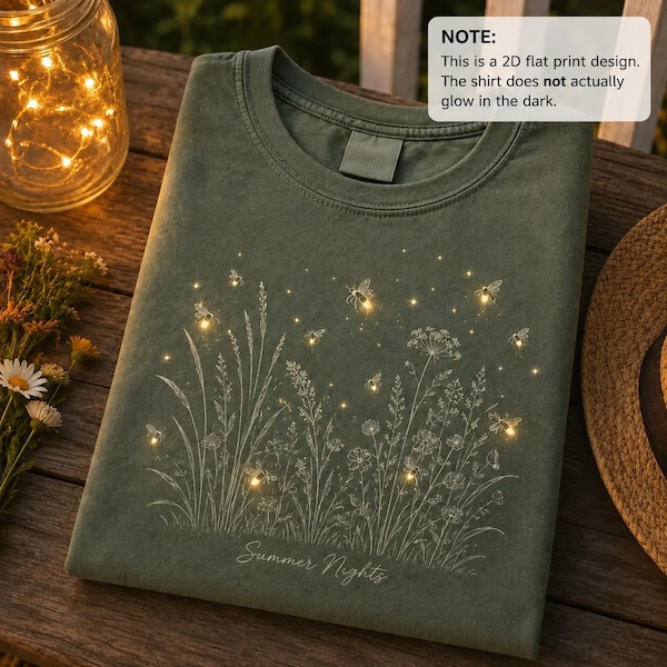 Summer Nights Firefly Shirt Comfort Colors Wildflower Tee Nature Lover Gift Botanical Lightning Bug Graphic Top Meadow Flower Clothing