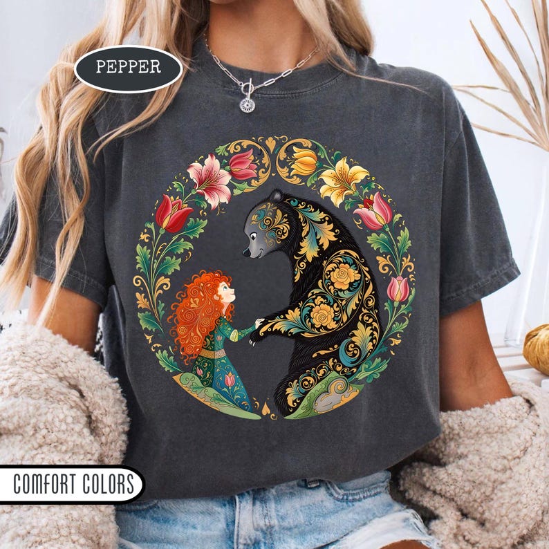 Retro Pixar Brave Floral Shirt, Disney Merida Princess And Elinor Queen Bear Tee, WDW Magic Kingdom Disneyland Family Holiday Trip Gifts image 2