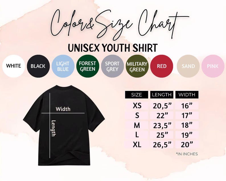 May include: A black unisex youth shirt with a size chart. The chart shows measurements in inches for sizes XS to XL, including length and width. Colour options include white, black, light blue, forest green, sport grey, military green, red, sand, and pink.